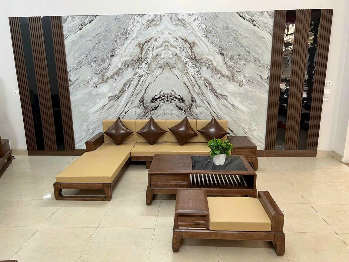 Bộ bàn ghế phòng khách góc gỗ sồi màu óc chó 2m8×1m8